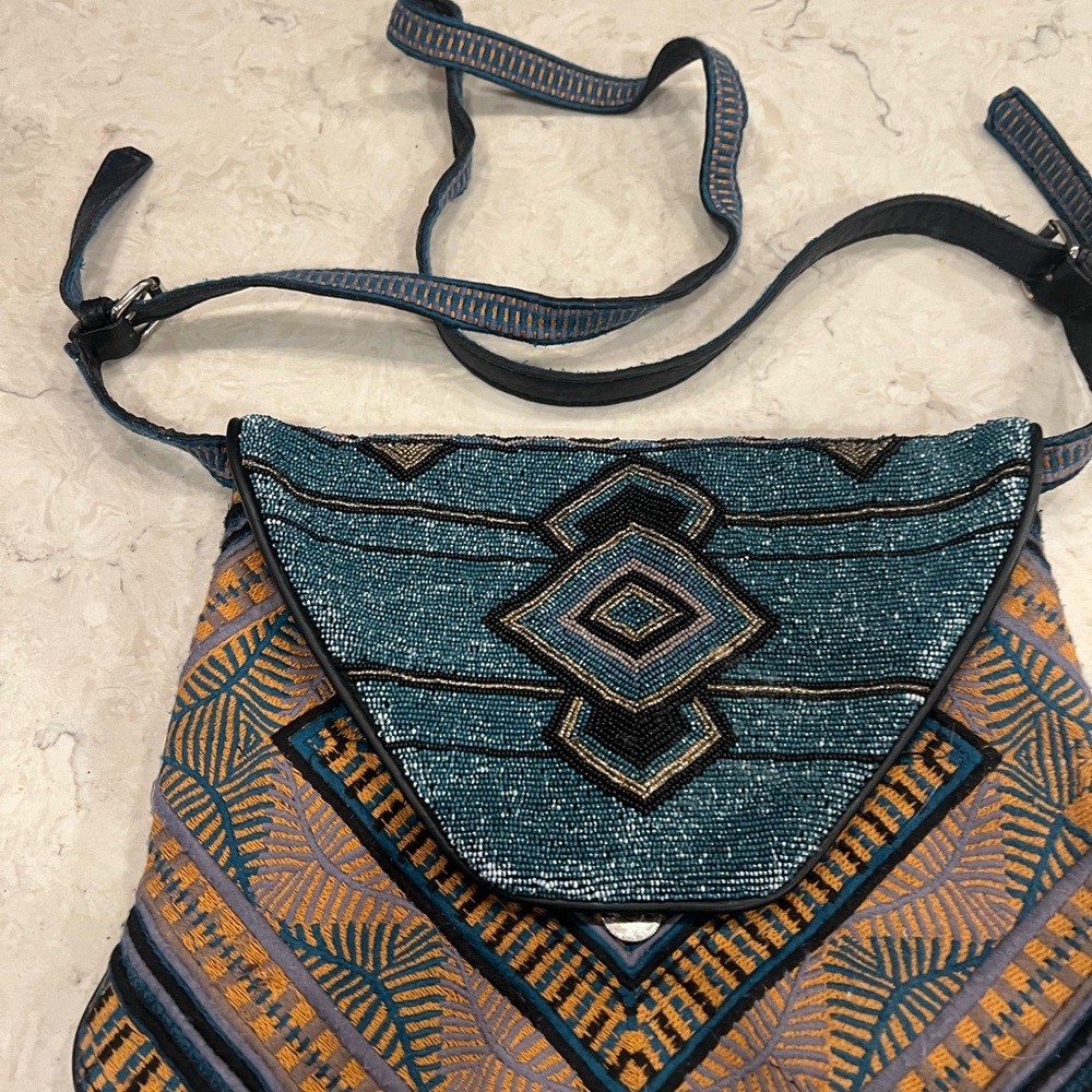 Antik Batik Geometric Blue and Tan Crossbody Bag